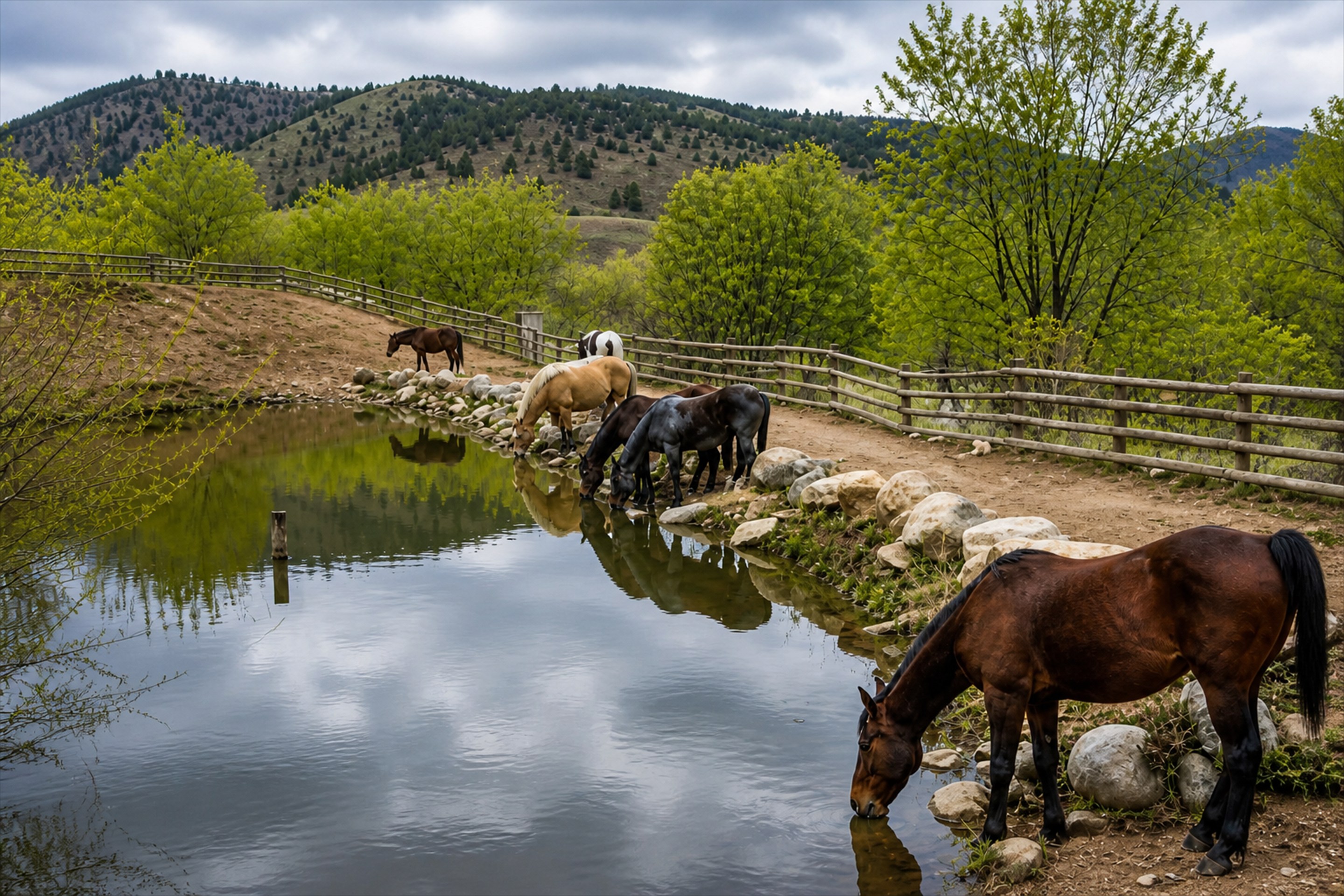 Horses drinking at a quiet pond after massage